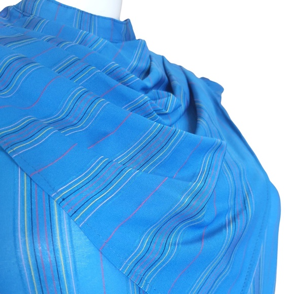 Vintage Teal Blue Striped Ruffle Neck 3/4 Sleeve Midi Dress - Picture 3 of 13